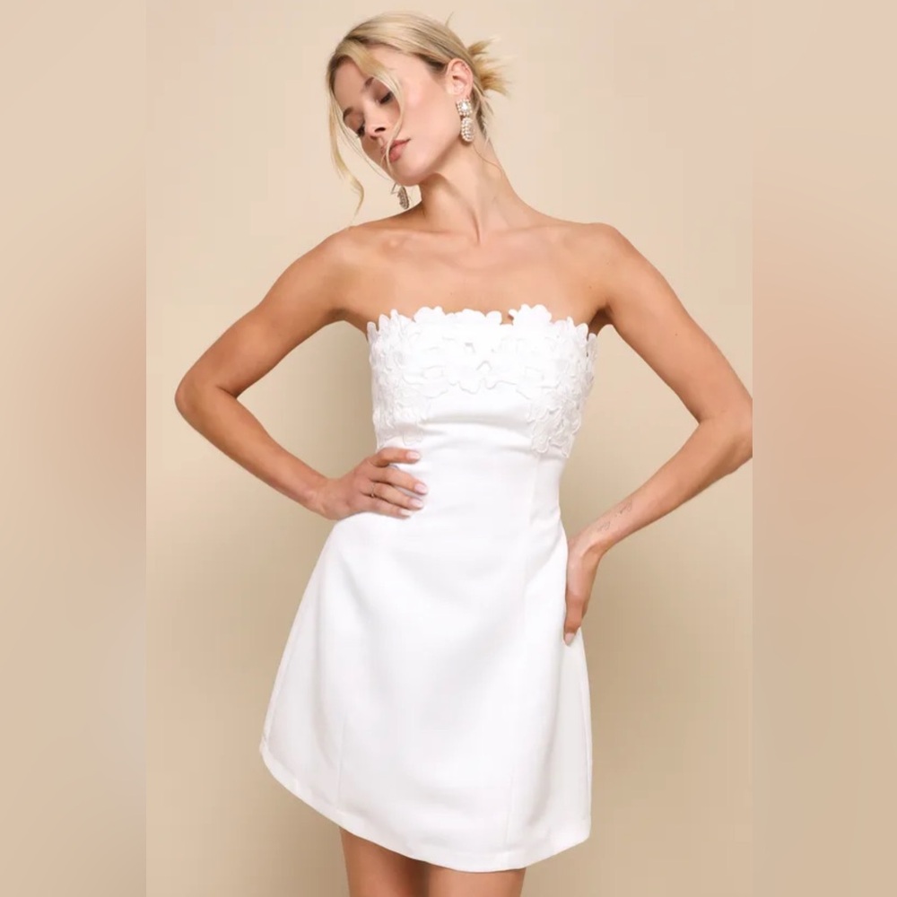 Unforgettable Icon White Satin Strapless Floral Mini Dress
